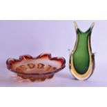 A MURANO SMOKEY ORANGE GLASS DISH together with a green and yellow vase. Dish 24 cm wide, Vase 23 cm