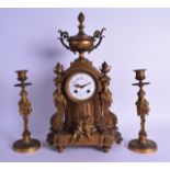 A GOOD 19TH CENTURY FRENCH ORMOLU CLOCK GARNITURE with enamel dial painted with flowers, mounted