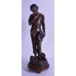 AN EARLY 20TH CENTURY FRENCH SPELTER FIGURE OF A MALE modelled holding his hat upon a wooden plinth.