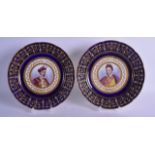 A GOOD PAIR OF 19TH CENTURY SEVRES JEWELLED PORCELAIN CABINET PLATES painted with portraits of