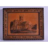 A 19TH CENTURY TUNBRIDGE WARE RECTANGULAR PANEL depicting a castle. Image 18 cm x 13 cm.