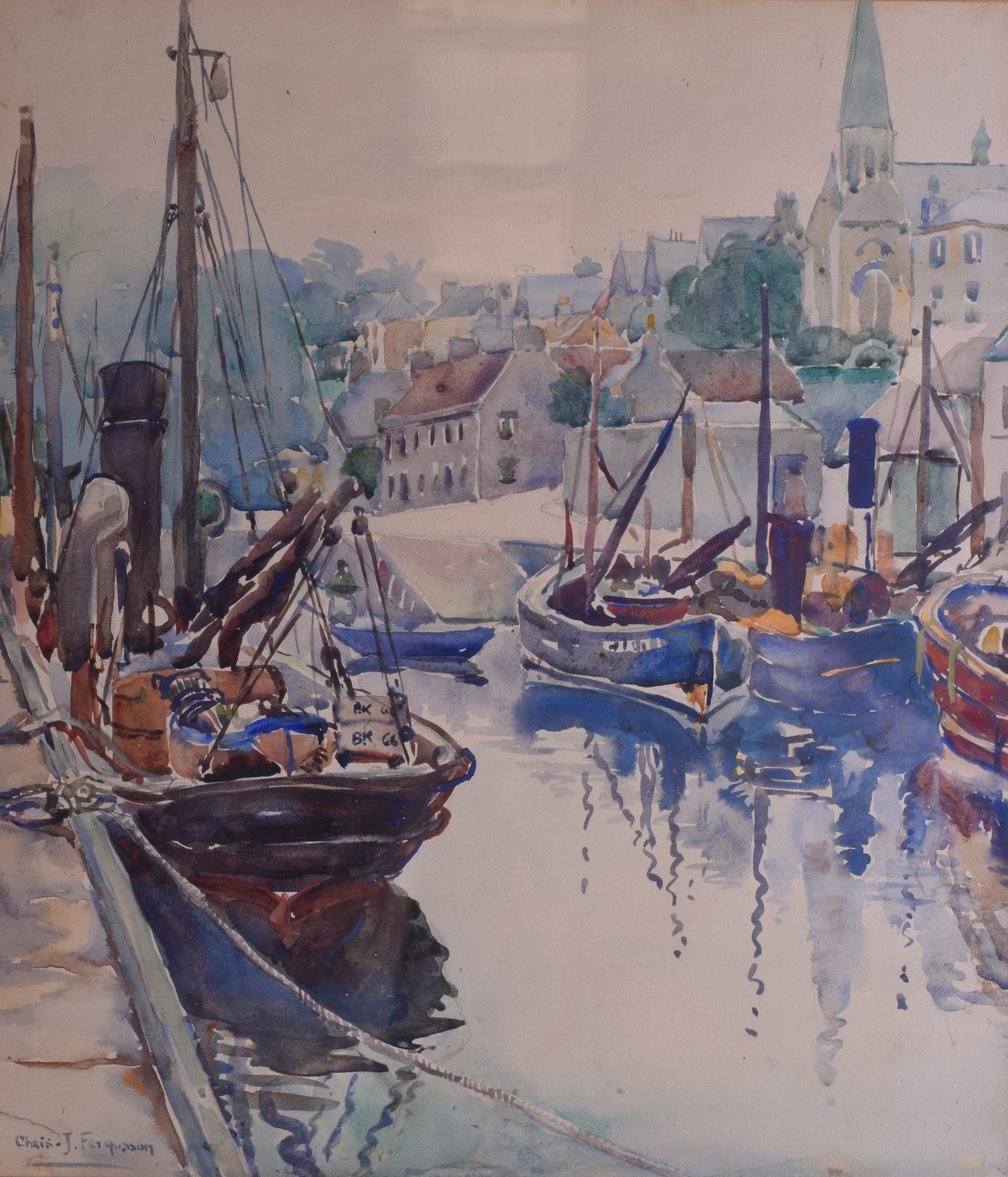 CHRIS J FERGUSON (Scottish), Framed Watercolour, signed, boats in a harbour, "Eyemouth". 46 cm x
