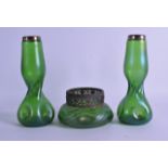 A PAIR OF ART NOUVEAU LOETZ STYLE GREEN GLASS VASES together with a smaller iridescent pot pourri.