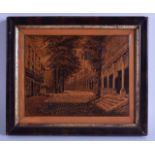 A 19TH CENTURY TUNBRIDGE WARE RECTANGULAR PANEL depicting a classical street. Image 18 cm x 14.5