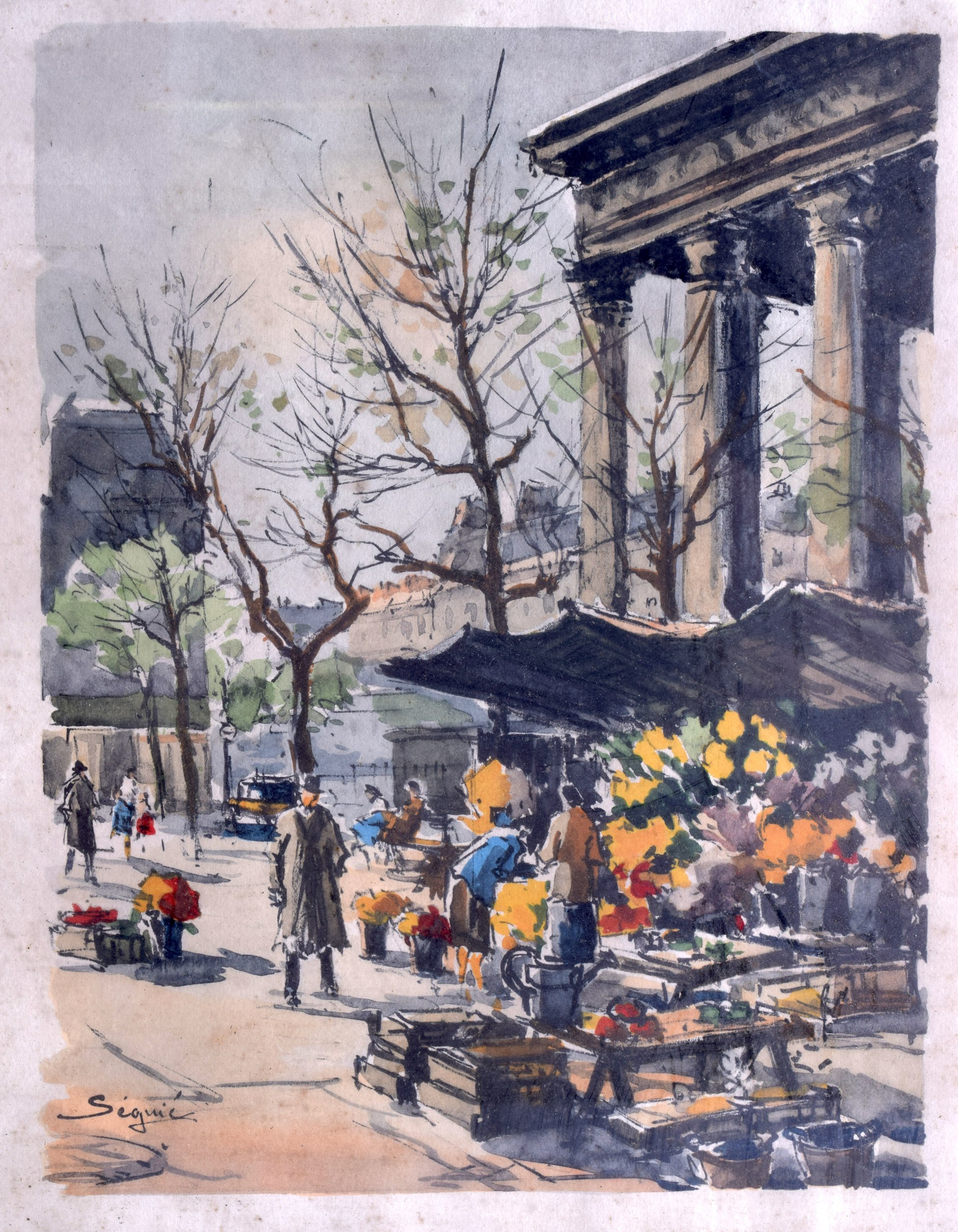 A FRAMED PRINT, depicting a busy market, together with a signed pastel of a nude female, "Nana".