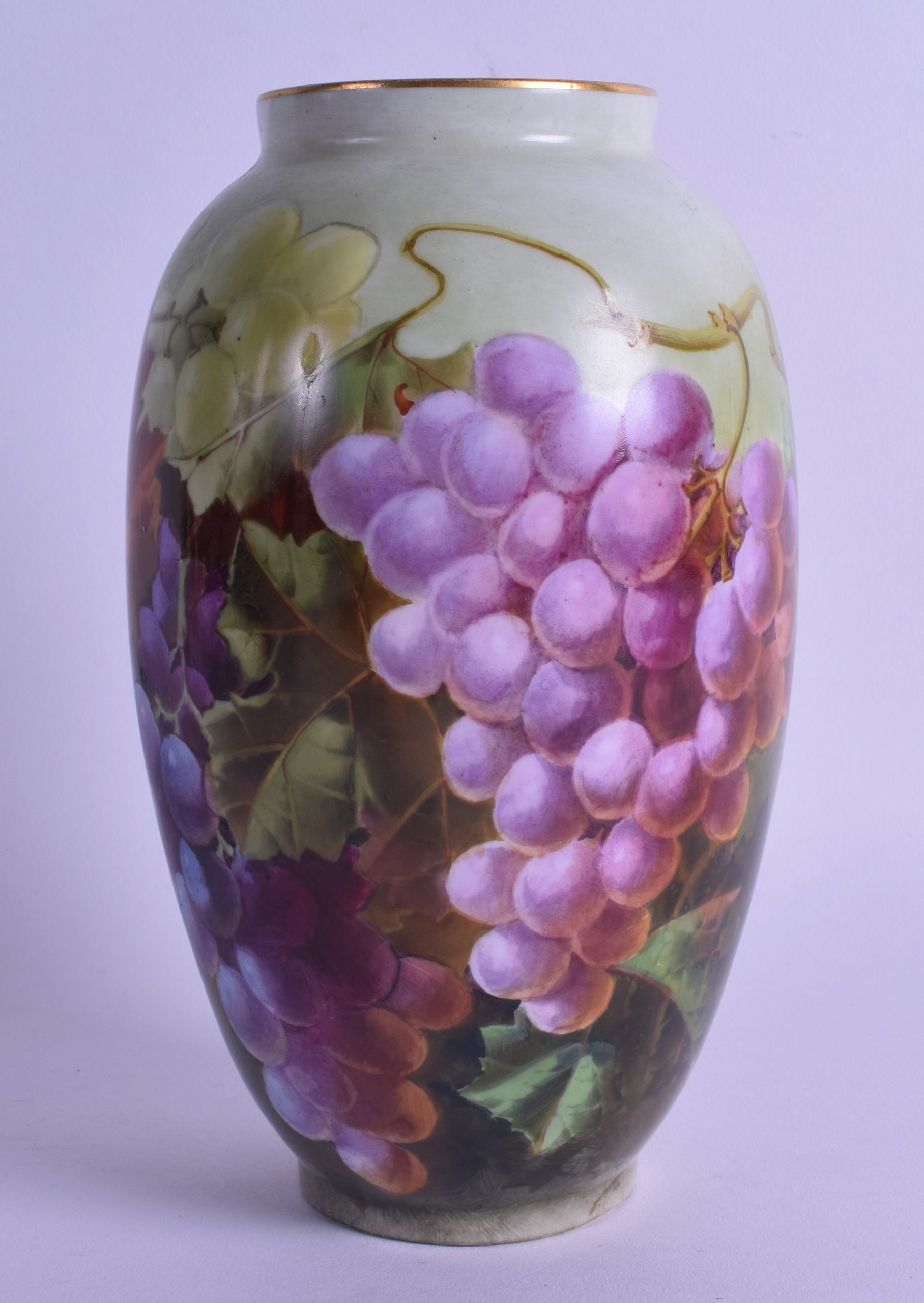 Crown Staffordshire baluster vase painted with red and white grapes hand written 'Painted at