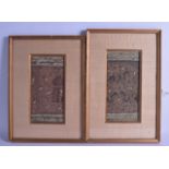 A PAIR OF 19TH CENTURY FRAMED ILLUMINATED MANUSCRIPTS depicting figures within landscapes. 13 cm x