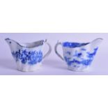 Late 18th c. Caughley/Coalport low Chelsea ewer printed in underglaze blue with a chinoiserie scene.