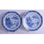 A MATCHED PAIR OF 18TH CENTURY CHINESE EXPORT OCTAGONAL PLATES Qianlong, painted with landscapes. 23