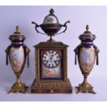 A 19TH CENTURY FRENCH SEVRES PORCELAIN CLOCK GARNITURE painted with classical figures upon a rich