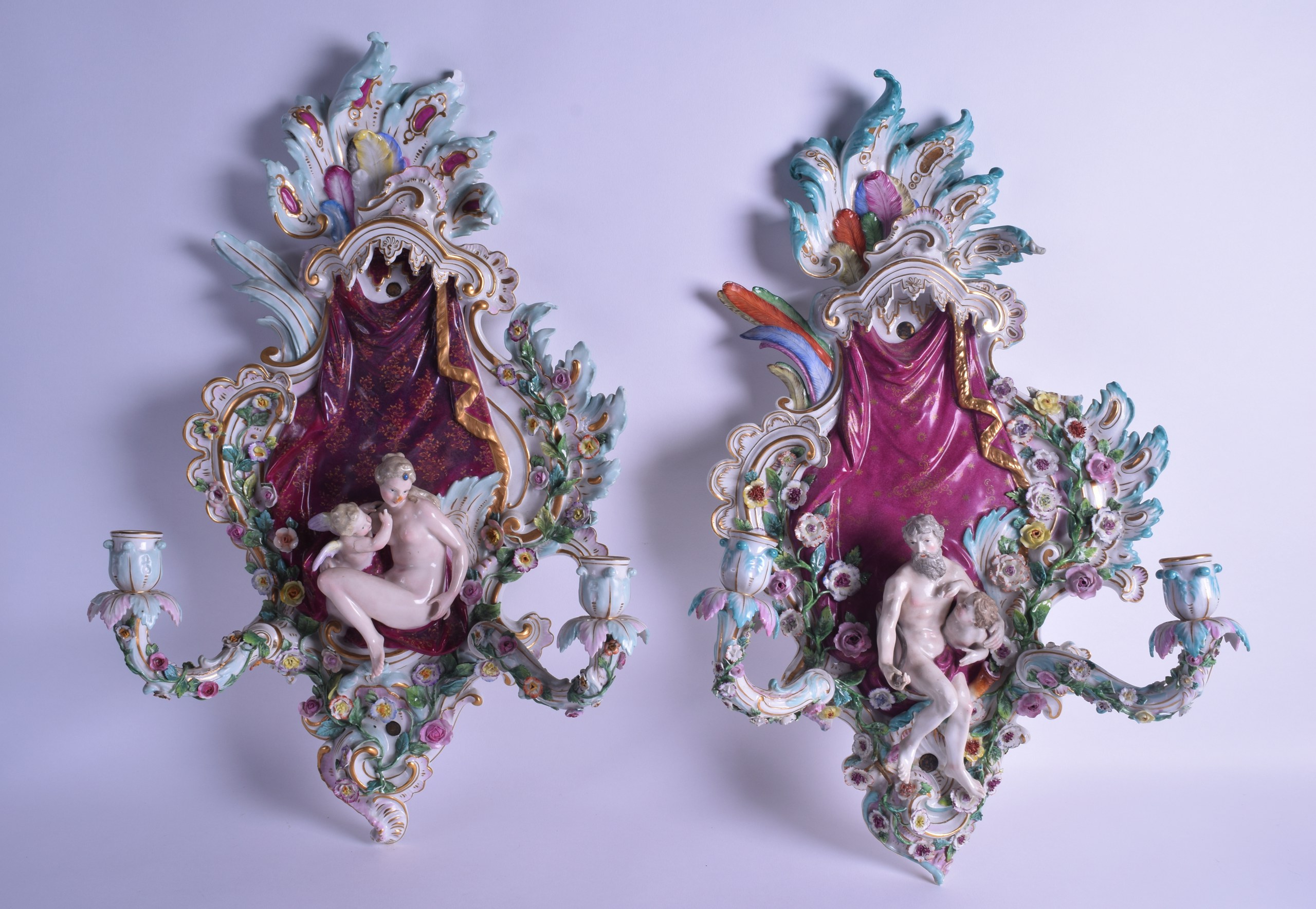 A GOOD LARGE PAIR OF 19TH CENTURY MEISSEN TWIN HANDLED PORCELAIN WALL BRACKETS modelled with figural