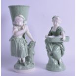 19th c. Minton celadon figure of a girl with a basket one her back and another Minton celadon figure