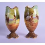 Royal Doulton fine pair of vases hand painted with donkeys and a man and woman, printed factory