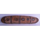 AN EARLY 20TH CENTURY AUSTRALIAN ABORIGINAL SHIELD polychromed with circular motifs. 71 cm long.