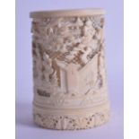 A GOOD 19TH CENTURY CHINESE CANTON CARVED IVORY BRUSH POT decorated with figures and an immortal