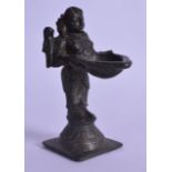 A 19TH CENTURY INDIAN BRONZE FIGURAL OIL LAMP modelled as a buddhistic female upon a square form