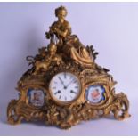 A LARGE 19TH CENTURY FRENCH ORMOLU MANTEL CLOCK inset with Sevres porcelain panels painted with