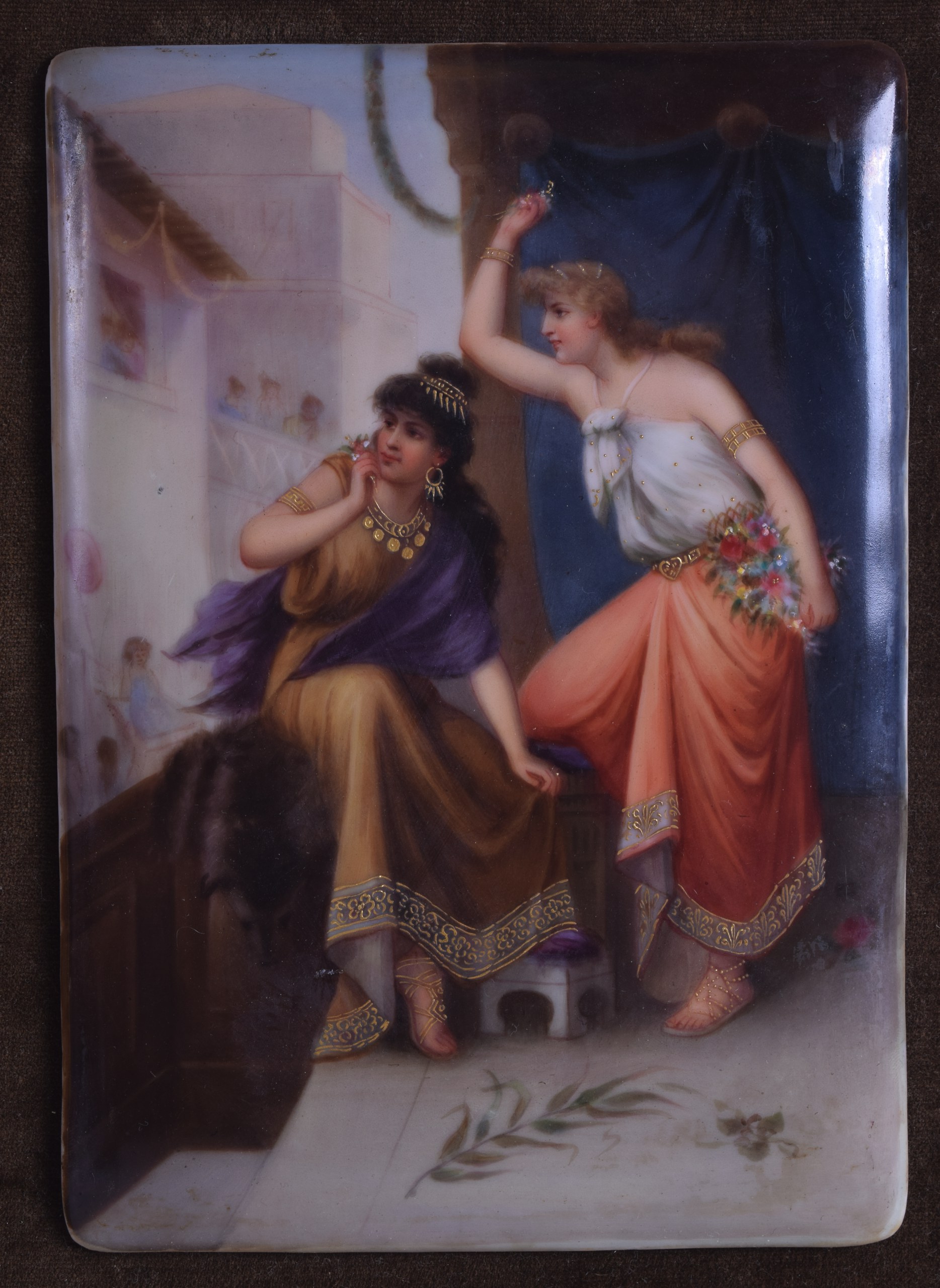 A GOOD 19TH CENTURY VIENNA PORCELAIN PLAQUE painted with two gypsy girls holding flowers. Plaque