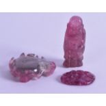 A GROUP OF THREE 19TH/20TH CENTURY CHINESE CARVED PINK QUARTZ ARTICLES including a figure of