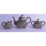 A GOOD 19TH CENTURY CHINESE EXPORT THREE PIECE SILVER TEA SET decorated all over with extensive