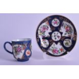 18th c. Worcester fine coffee cup and saucer painted with flowers in fan panels on a powder blue