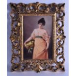 A FINE 19TH CENTURY KPM PORCELAIN PLAQUE within a Florentine style frame, painted with a gypsy