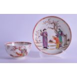 18th c. Lowestoft teabowl and saucer painted with an oriental garden with three Chinese figures
