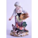 A 19TH CENTURY MEISSEN PORCELAIN FIGURE OF A YOUNG FEMALE modelled feeding the chickens. 13 cm