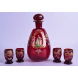 AN UNUSUAL LATE 19TH CENTURY ENAMELLED RUBY GLASS DECANTER AND STOPPER together with four matching