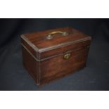 AN ANTIQUE WOODEN TEA CADDY, with brass handle & escutcheon.