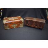 A MINIATURE OAK COFFER, together with a brass bound box inset with copper panel depicting lovers. (