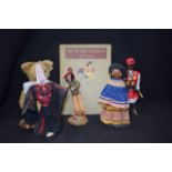 A VINTAGE PIED PIPER DOLL AND BOOK, together with three other dolls and a teddy bear. (6)