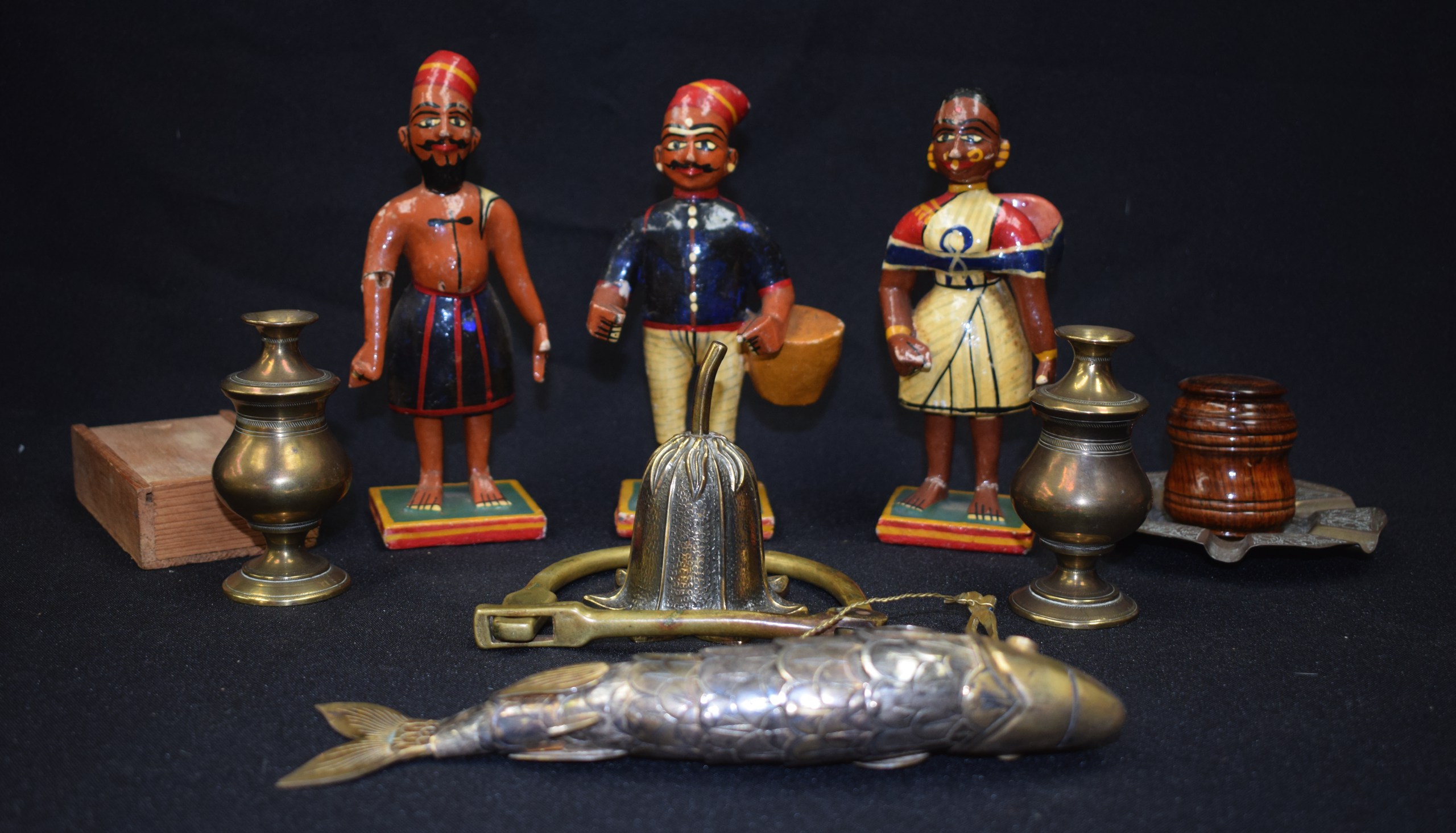 A GROUP OF MOSTLY INDIAN ITEMS, including wooden figures, brass vase etc. (qty)