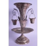 AN EARLY 20TH CENTURY INDIAN WHITE METAL EPERGNE with three hanging baskets, inscribed Presented