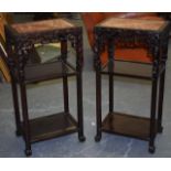 A GOOD PAIR OF 19TH CENTURY CHINESE MARBLE INSET HARDWOOD STANDS, with carved foliate frieze. 82