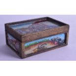 AN ANTIQUE REVERSE PAINTED RECTANGULAR BOX AND COVER signed C Morit, depicting figures within