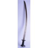 AN UNUSUAL 19TH CENTURY CONTINENTAL SWORD with thick ebonised handle and curving blade, decorated