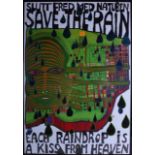 FRIEDENSREICH HUNDERTWASSER (1928-2000), Framed Print, "Save the Rain", with foil insects. 85 cm x