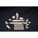 A GROUP OF MOSTLY INDIAN ITEMS, including white glazed horses, comb etc. (qty)