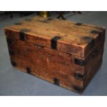 A VINTAGE PINE IRON BOUND CHEST, of plain form & with fitted iron handles. 47 cm x 83 cm.