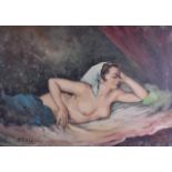 M D~ELIA (20th Century), Framed Oil on Canvas, signed, a female exposing her breasts. 47 cm x 68