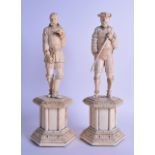 A LARGE PAIR OF 19TH CENTURY EUROPEAN DIEPPE IVORY FIGURES OF TWO MALES modelled upon hexagonal