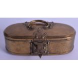 AN 18TH CENTURY ISLAMIC OVAL BRASS TRAVELLING BOX with square form lock. 19 cm wide.