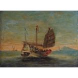 CHINESE SCHOOL (Early 20th Century), Framed Set of Three Oil on Board, Chinese junk boats. 23 cm x