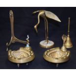 A GROUP OF BRASS ARTICLES, including a stork, bell, picture stand etc. (7)