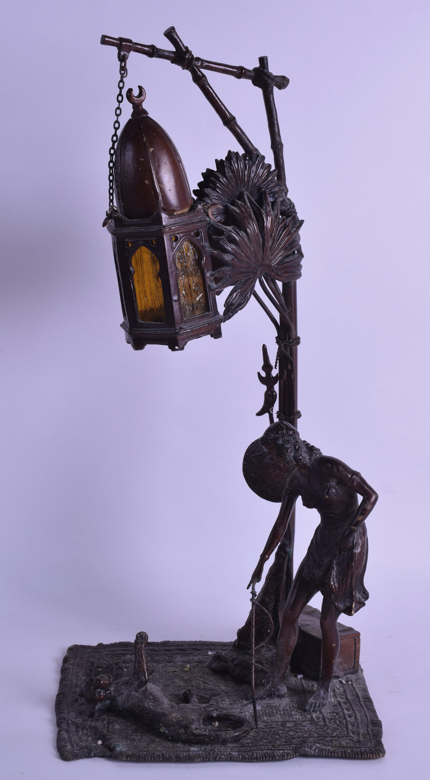 A LATE 19TH CENTURY AUSTRIAN COLD PAINTED SPELTER LAMP in the manner of Franz Xavier Bergmann,