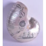 A FINE 19TH CENTURY ENGRAVED NAUTILUS SHELL engraved with two ships ~The Himalayan Steam Ship & H