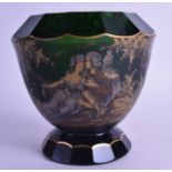 AN UNUSUAL FINE 19TH CENTURY BOHEMIAN GREEN GLASS VASE painted with lovers within an extensive