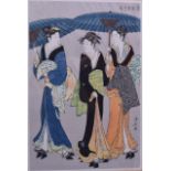 A FRAMED JAPANESE PRINT, depicting three geisha girls walking in the rain. 38 cm x 34 cm.