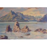 W RUSSELL (British), Framed Oil on Board, signed, mountainous coastal landscape. 24 cm x 34 cm.